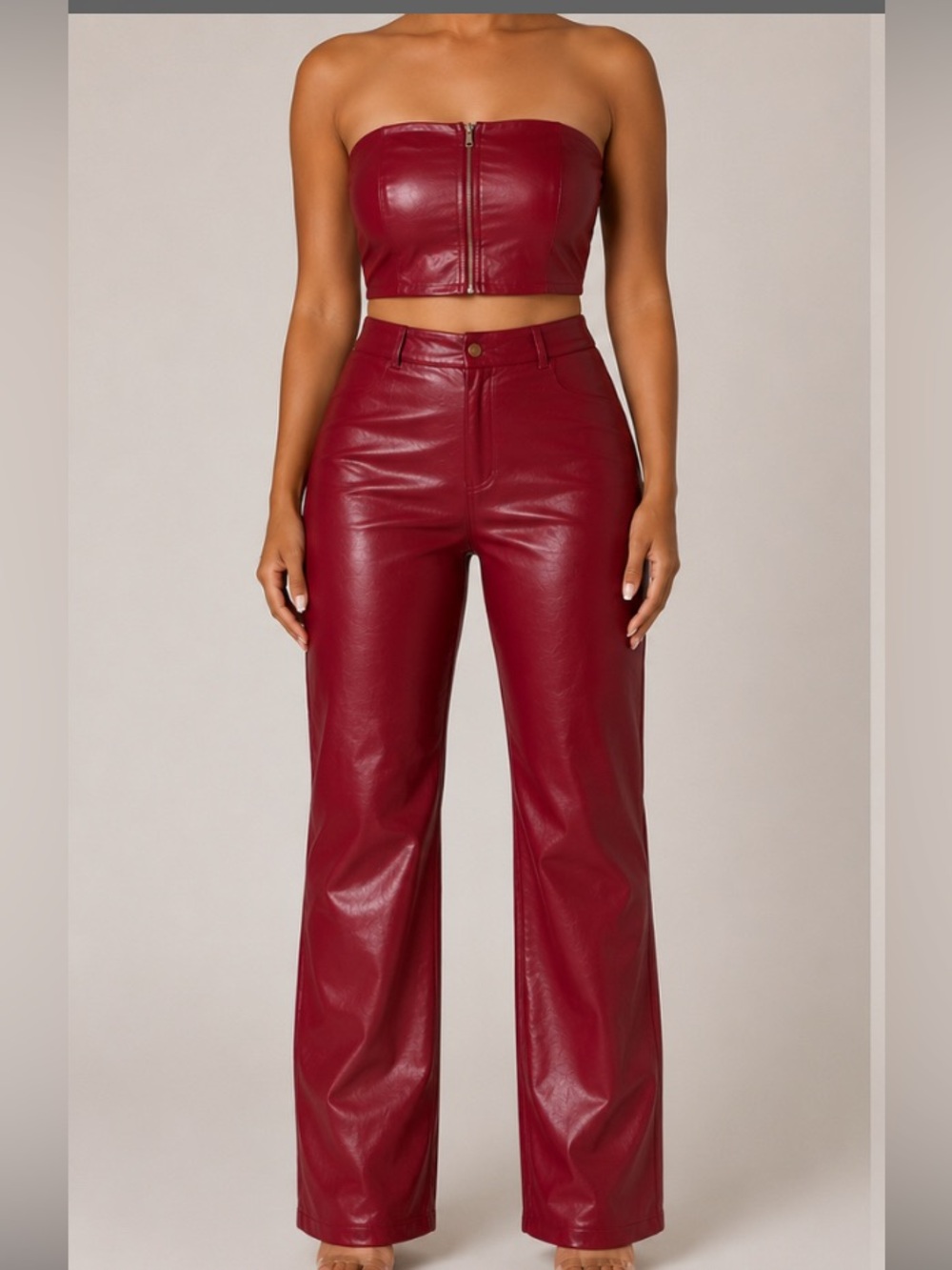 Fashion Nova Deep Burgundy Faux Leather Wide-Leg Pant Set with Zippered Halter